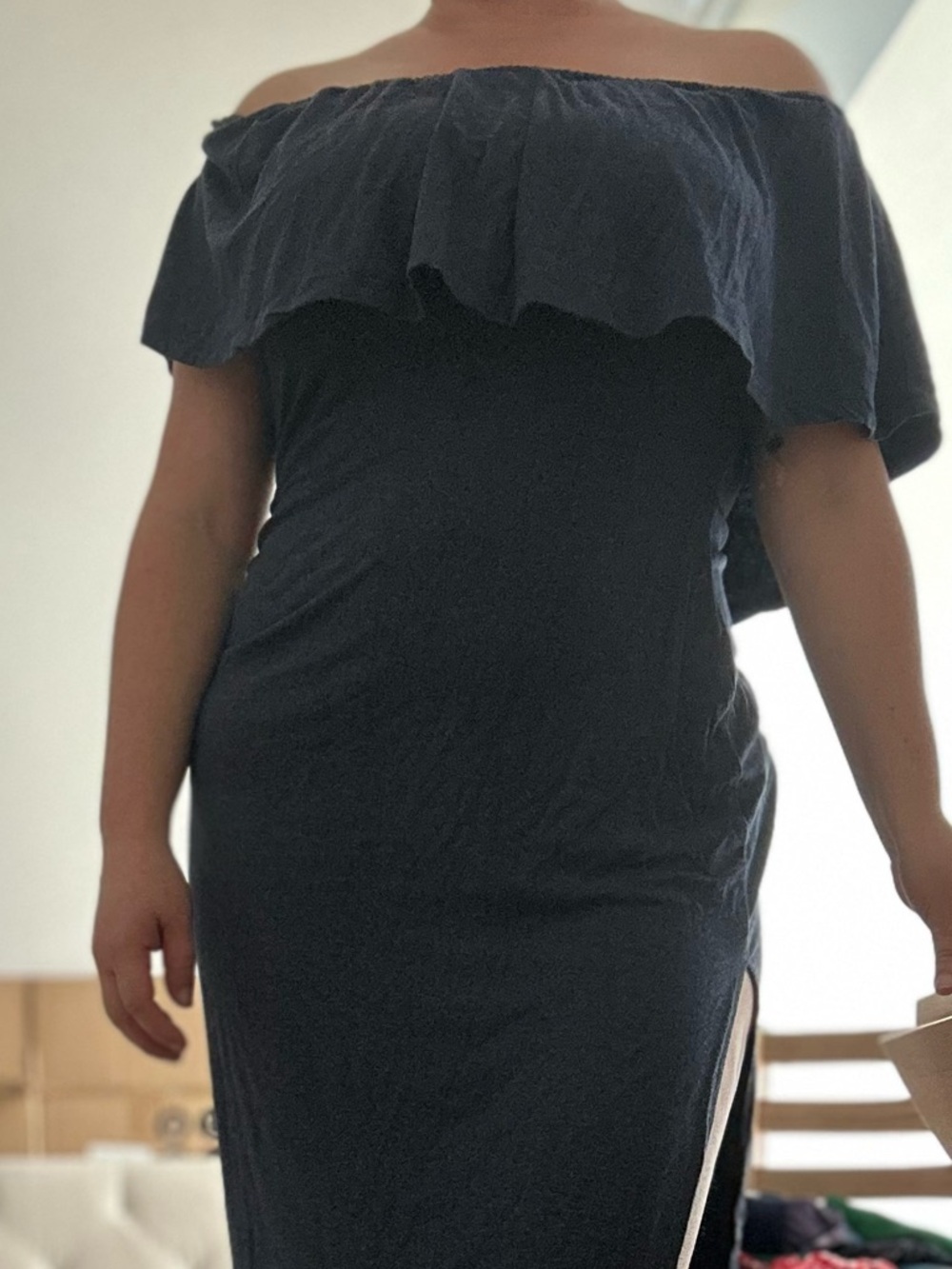 Off-Shoulder Navy Blue Ruffle Maxi Dress